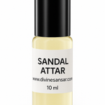 Divine Sansar-Sandal Attar bottle with black cap and white label on a white background
