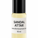 Divine Sansar-Sandal Attar bottle with black cap and white label on a white background