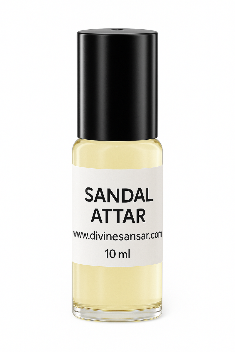 Divine Sansar-Sandal Attar bottle with black cap and white label on a white background