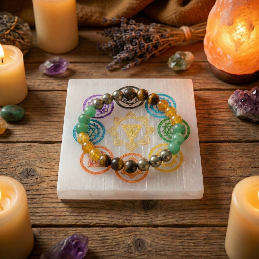 Divine Sansar-Selenite Crystal Charging & Energising Plate-with a pyrite and crystal bracelet