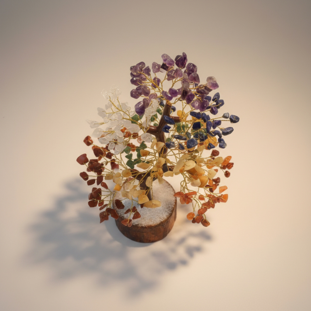 Seven Chakra Crystal Tree of Life self-charging on a neutral background