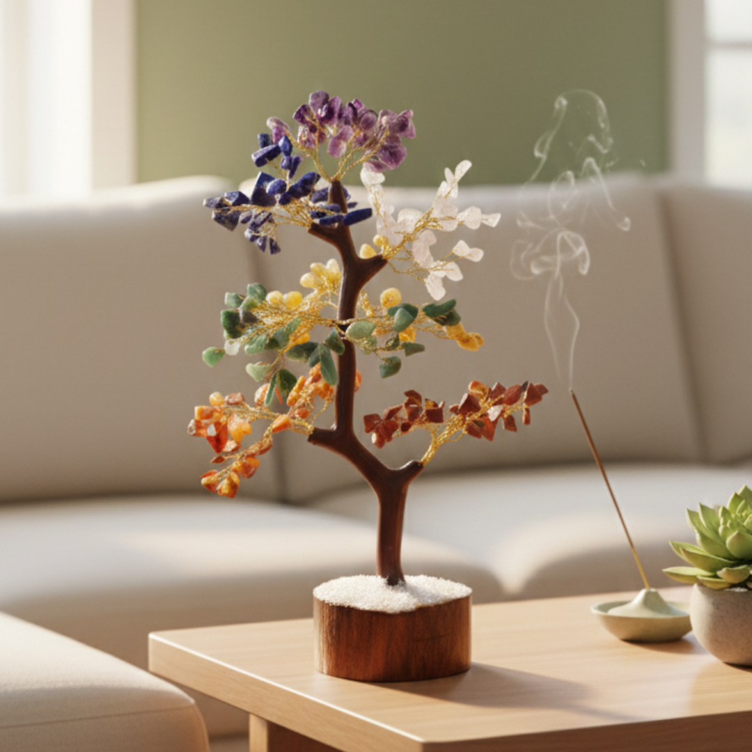 Seven Chakra Crystal Tree of Life self-chargingon a table with a insence and blurred background