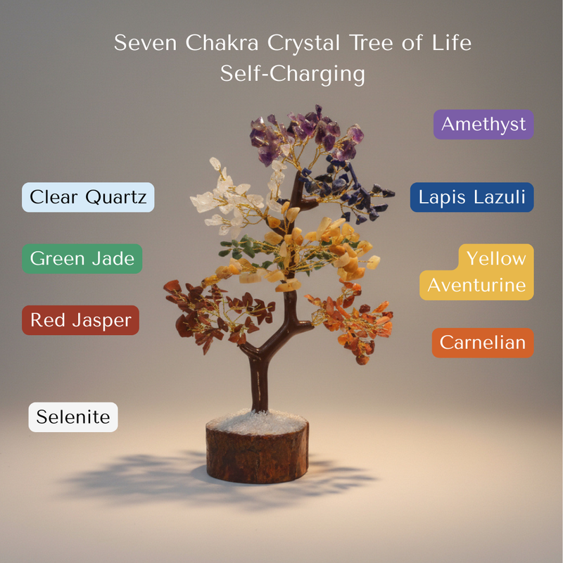 Divine Sansar-Seven Chakra Crystal Tree of Life self-charging with labeled stones on a neutral background
