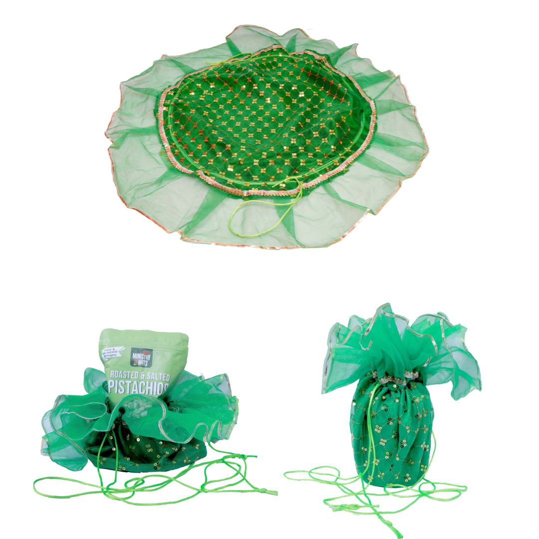 Divine Sansar-Shagun Potli Green :45cm Diameter on a white background