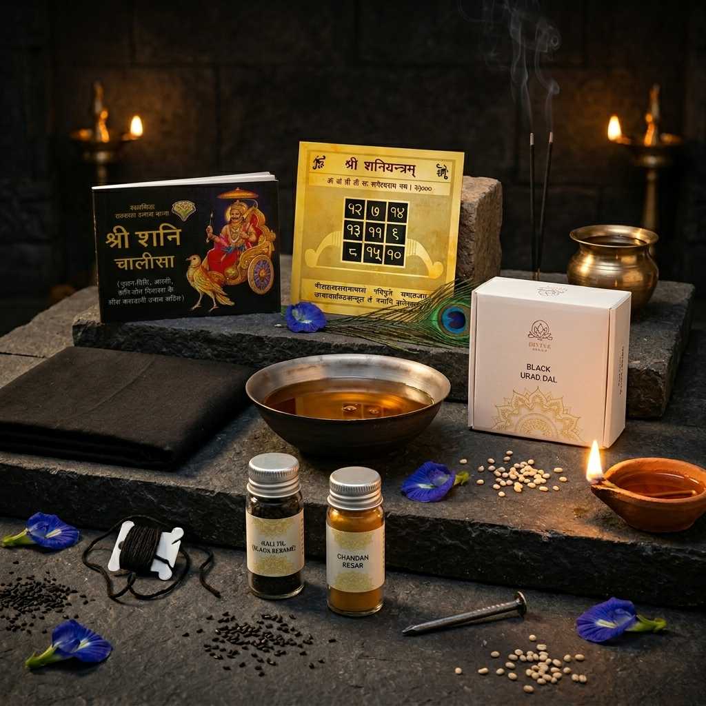 Divine Sansar Shani Dev Essentials Box-Traditional items including Shani Chalisa, iron bowls, and other things for Shani Dev Pooja 