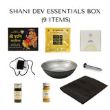 Divine Sansar Shani Dev Essentials Box with 9 items including a black cloth, iron bowl, and other packaging on a white background.
