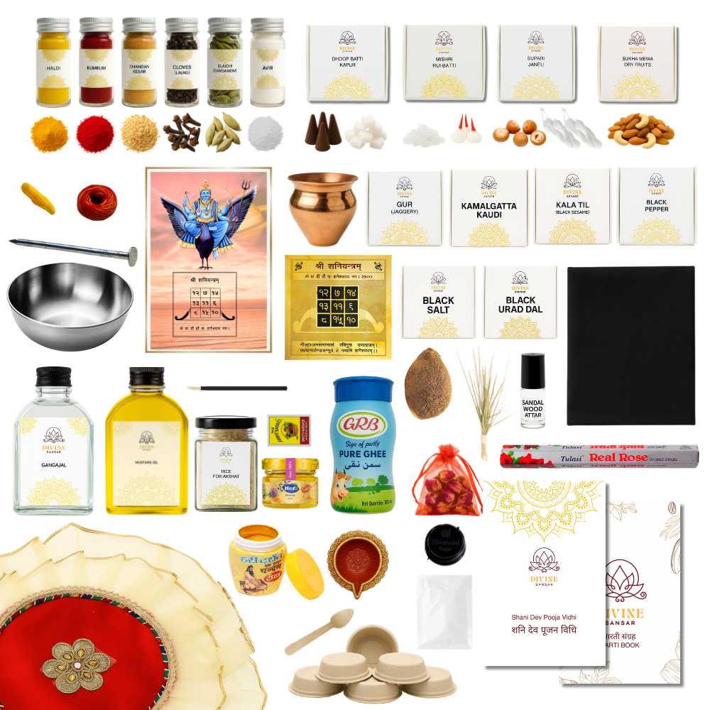 Divine Sansar Shani Dev Pooja Box-Assorted items including all pooja essentials on a white background
