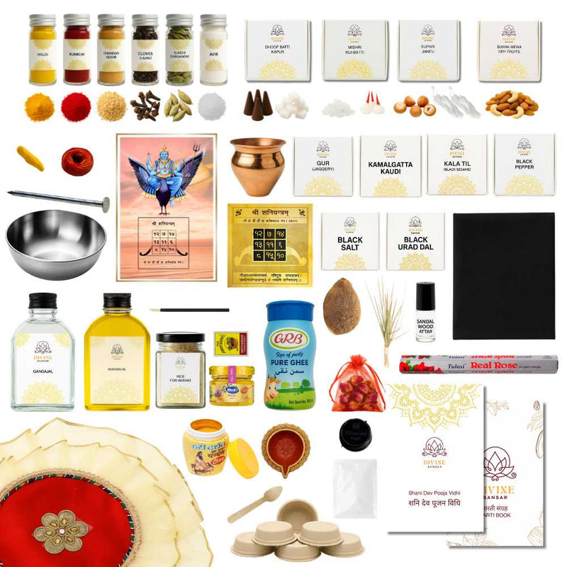 Divine Sansar Shani Dev Pooja Box-Assorted items including all pooja essentials on a white background
