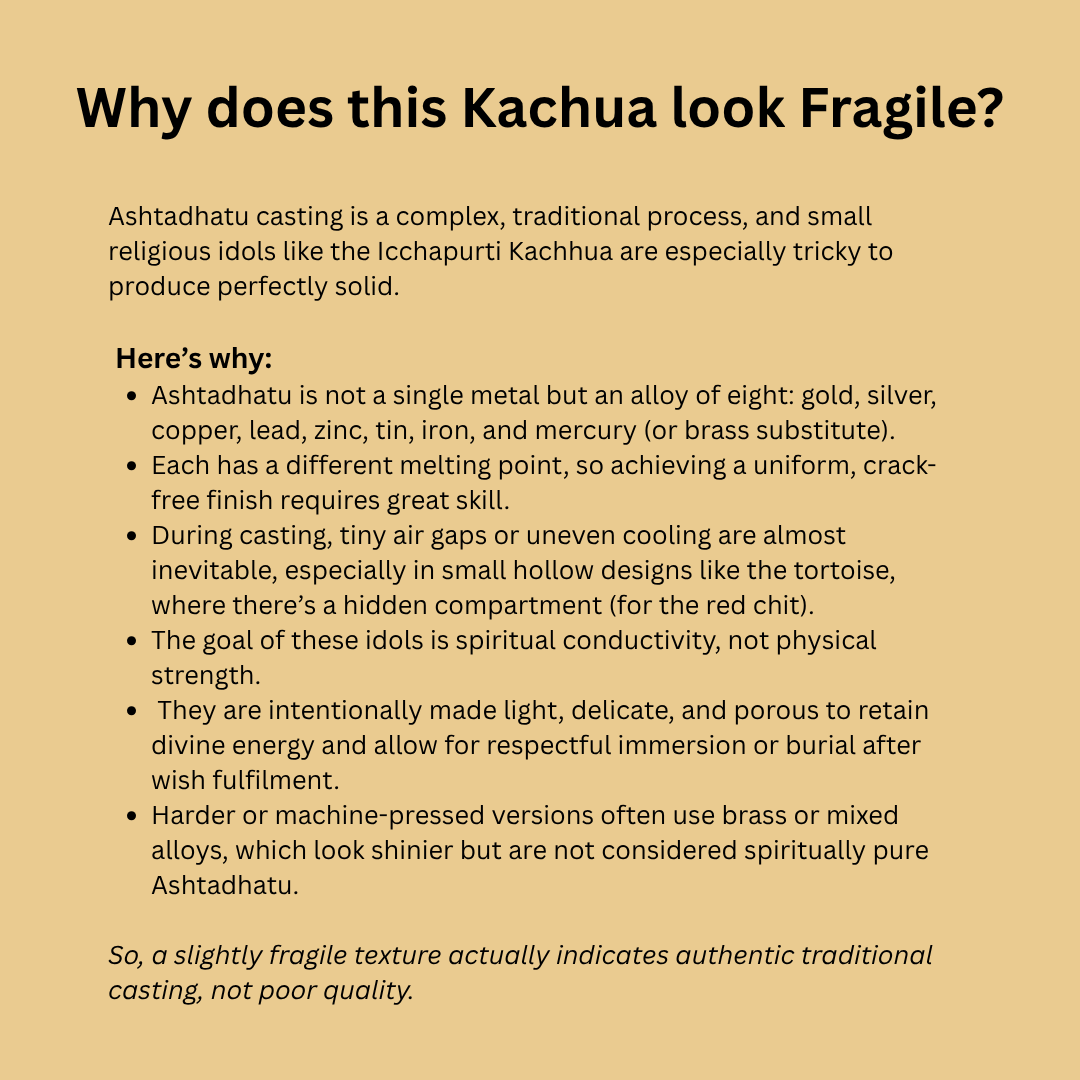 Divine Sansar Shri Icchapurti Kachhua-Text explaining why a Kachua looks fragile and describes the traditional casting process.