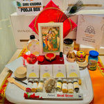 Divine Sansar-Shri Krishna Pooja Box including a photo frame, incense sticks, and various religious articles on a white tray.