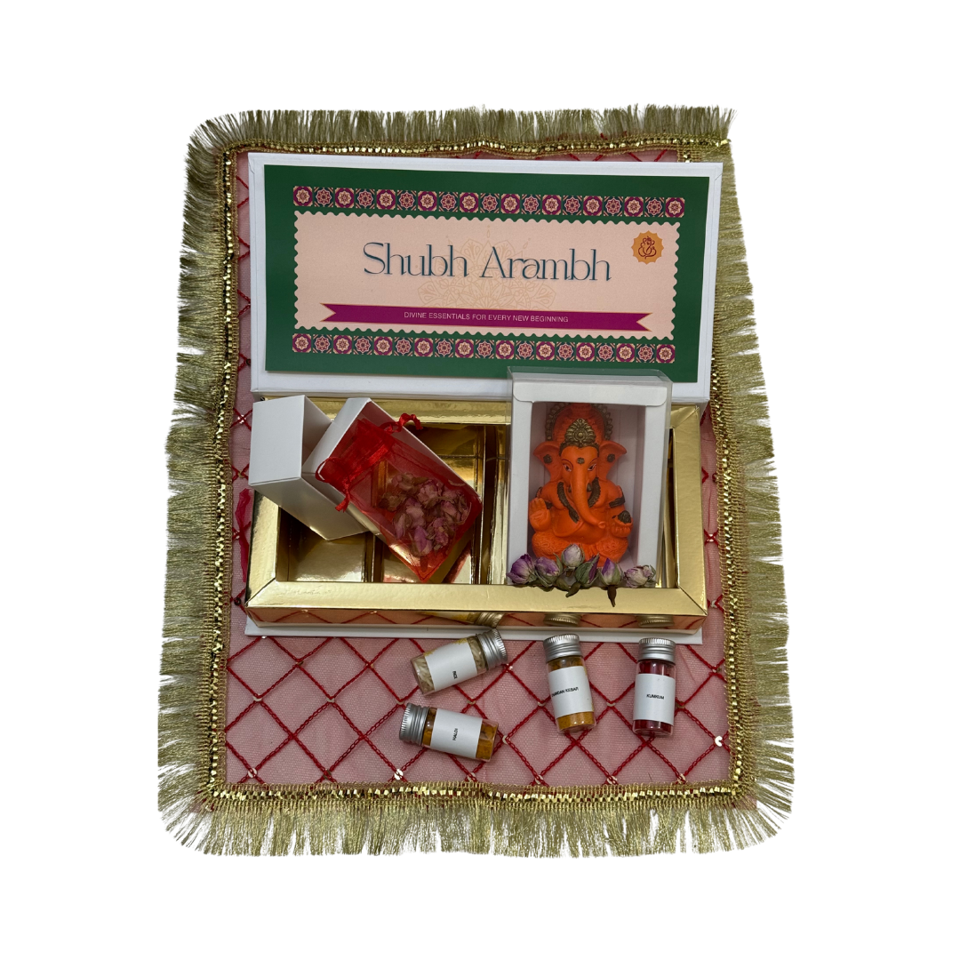 Divine Sansar-Shubh Aarambh Box with small idols, and incense sticks and other pooja essentials .