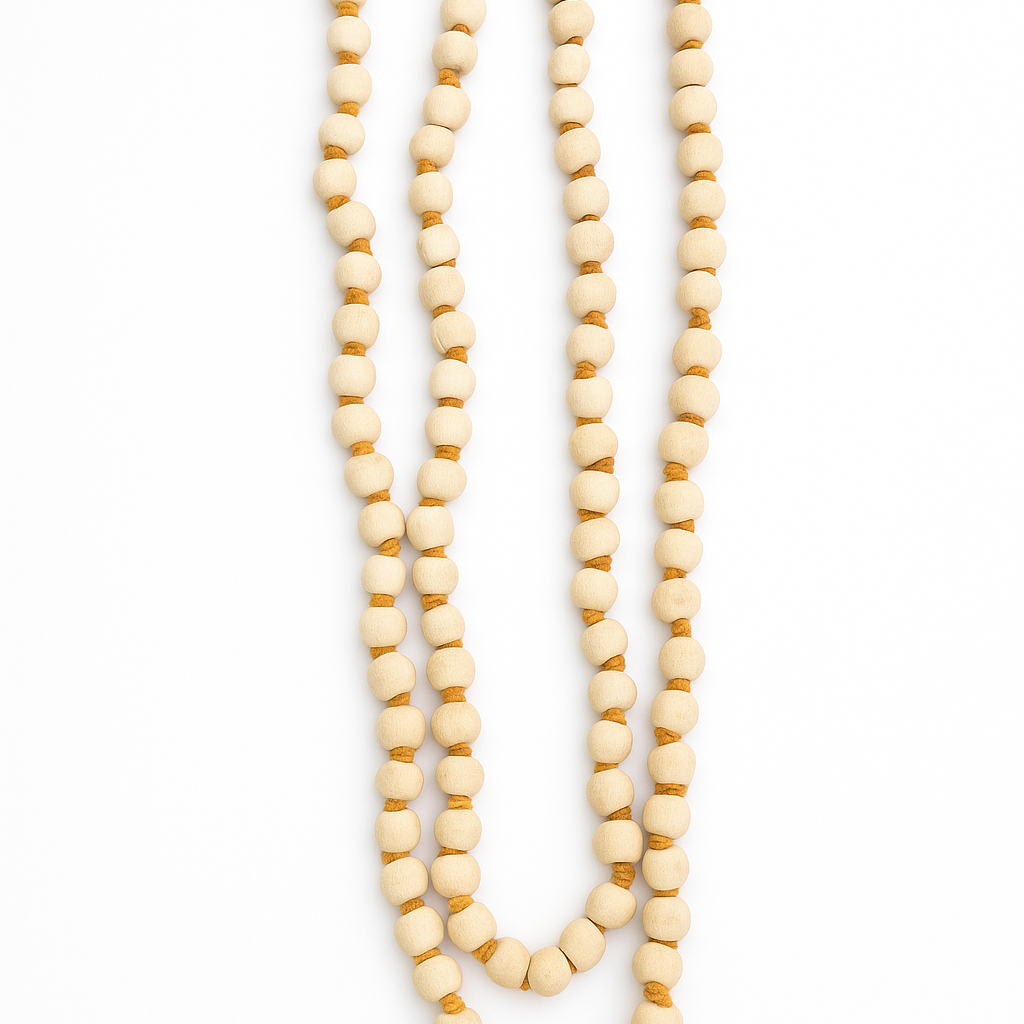 Divine Sansar-Tulsi Beads Mala with a red tassel on a white background