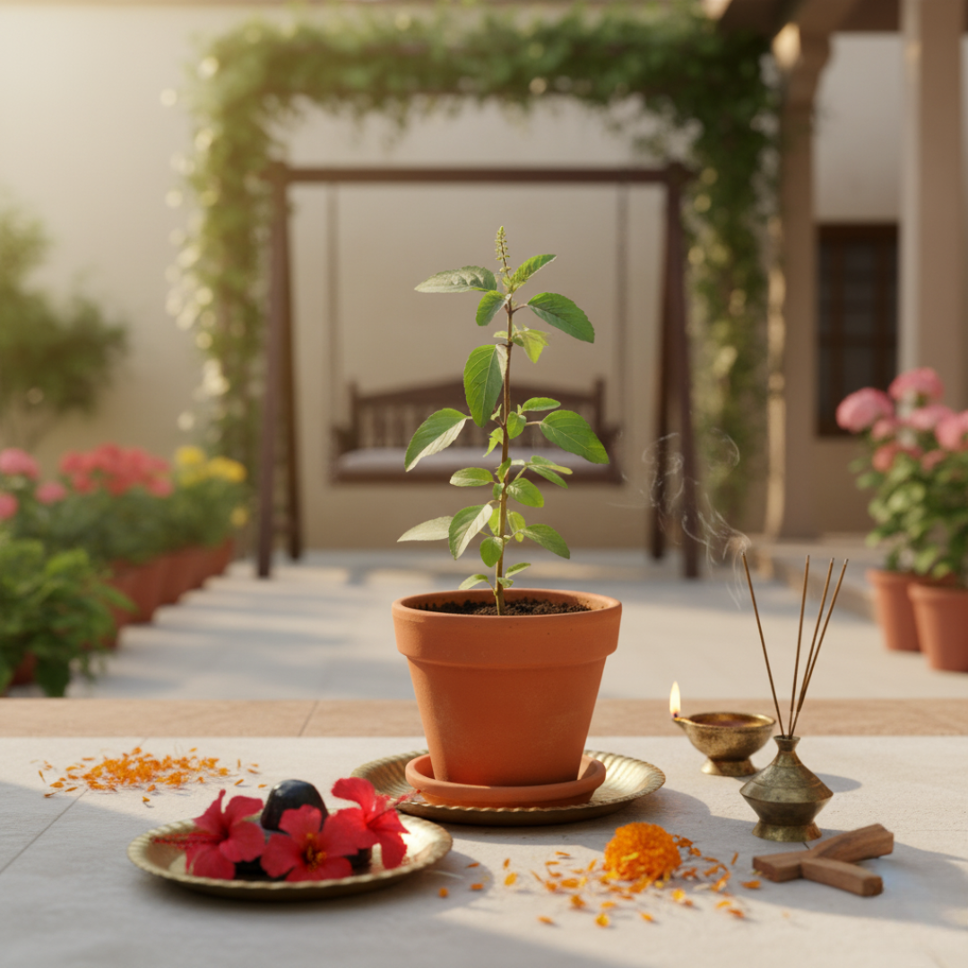 potted tulsi plant Tulsi Plant sapling with terracotta pot: Ideal for Devotional Pooja & – Divinesansar