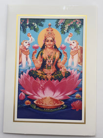Divine Sansar Vaibhav Laxmi Photo Frame on a pink lotus with two elephants and flowers in the background.