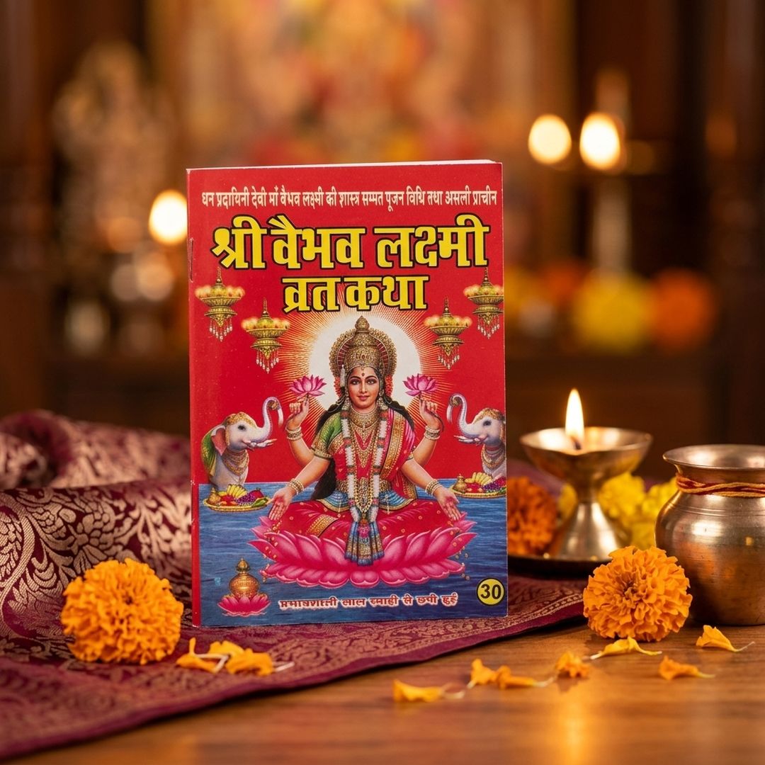 Vaibhav Laxmi Vrat Katha book with diya and marigold pooja setup - Divine Sansar