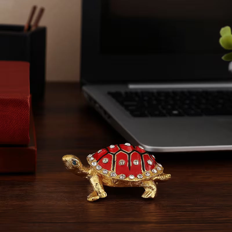 Divine Sansar-Wish Fulfilment Turtle with Hidden Chamber-red-Decorative turtle figurine with red shell and gold body on a desk