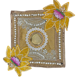 Hand-Embellished Lotus Diya Holder — Golden Pooja Mat with Cowrie Mirror & Tealight Plate (25x25cm)