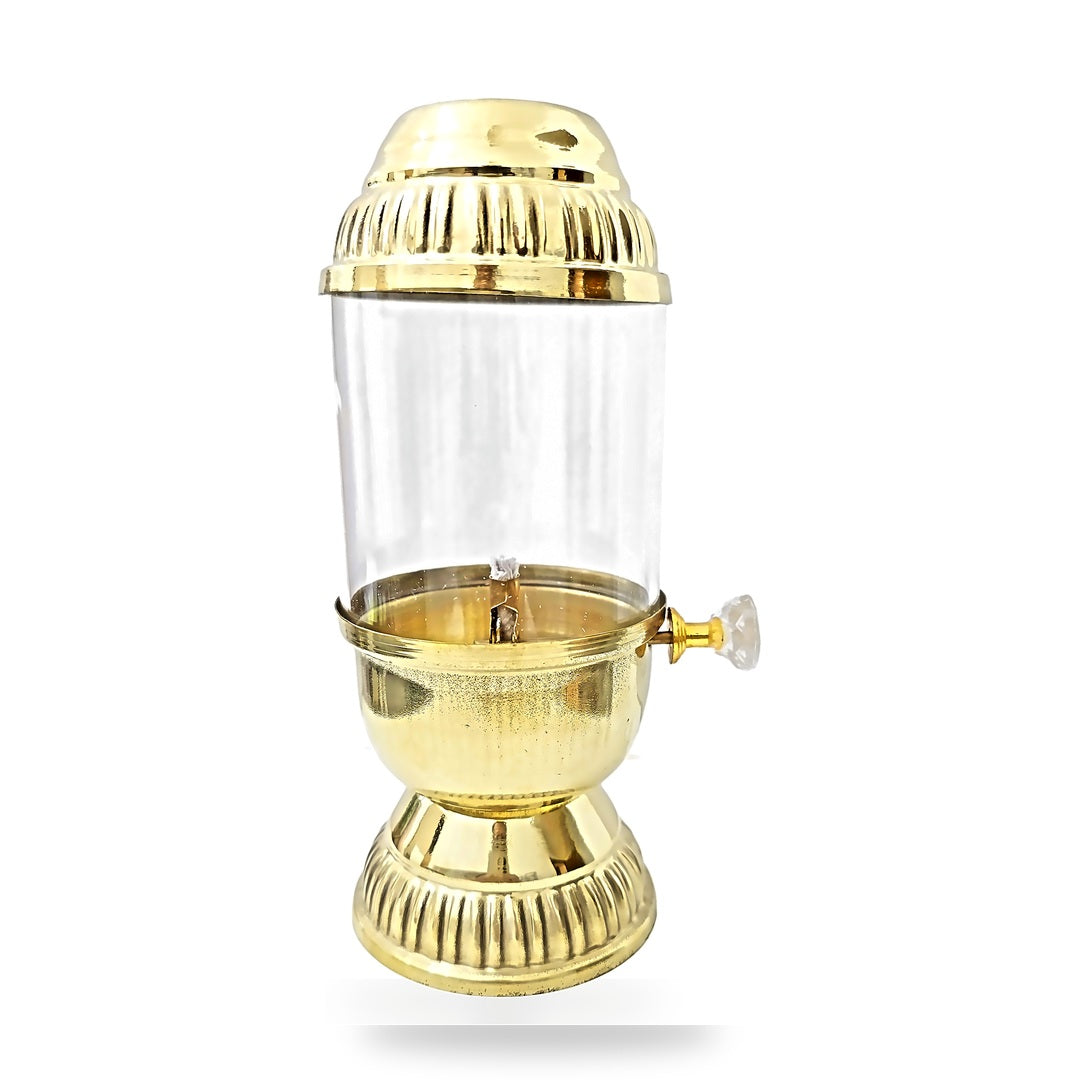 Lantern style brass akhand diya 160ml front view on white - Divine Sansar