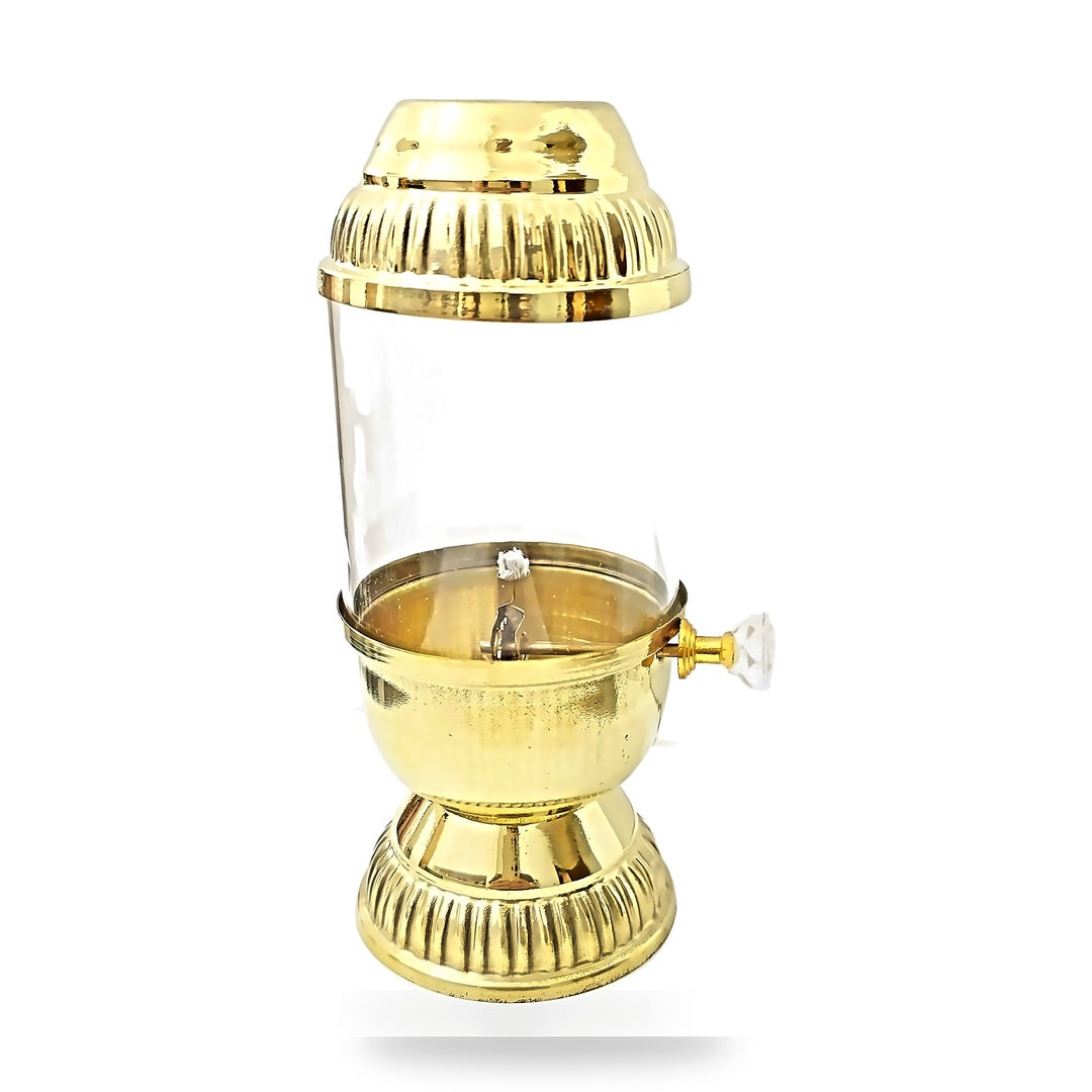 Brass oil bowl with wick clip and crystal wick adjuster knob - Divine Sansar akhand diya
