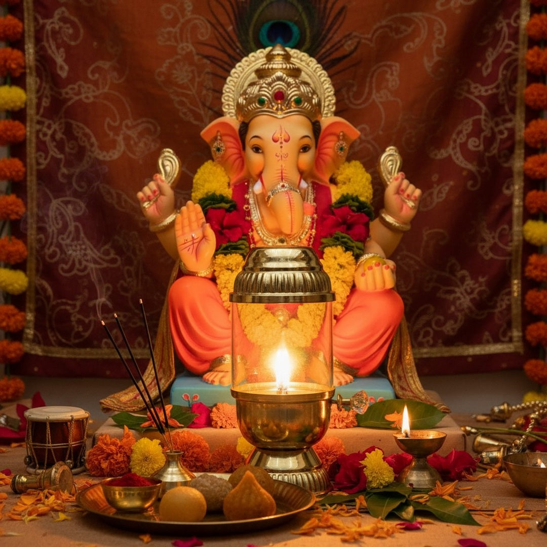 Akhand diya lantern burning before a Ganesha idol during pooja - Divine Sansar UAE