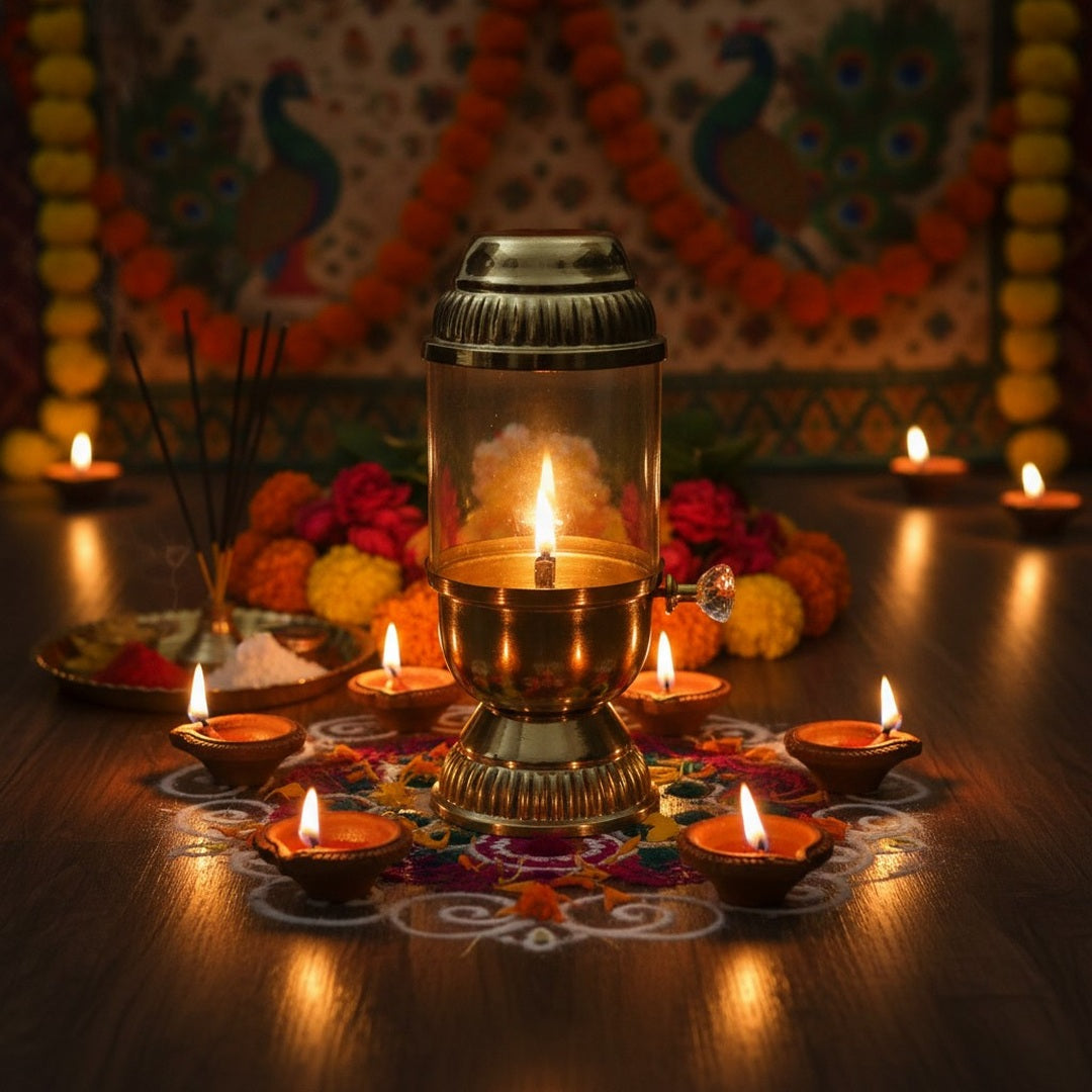 Lit brass akhand diya lantern on a Diwali rangoli with clay diyas - Divine Sansar Dubai