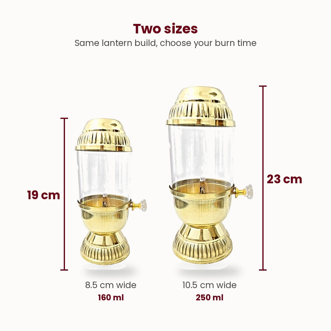 Akhand diya lantern size comparison 19 cm 160ml and 23 cm 250ml - Divine Sansar UAE