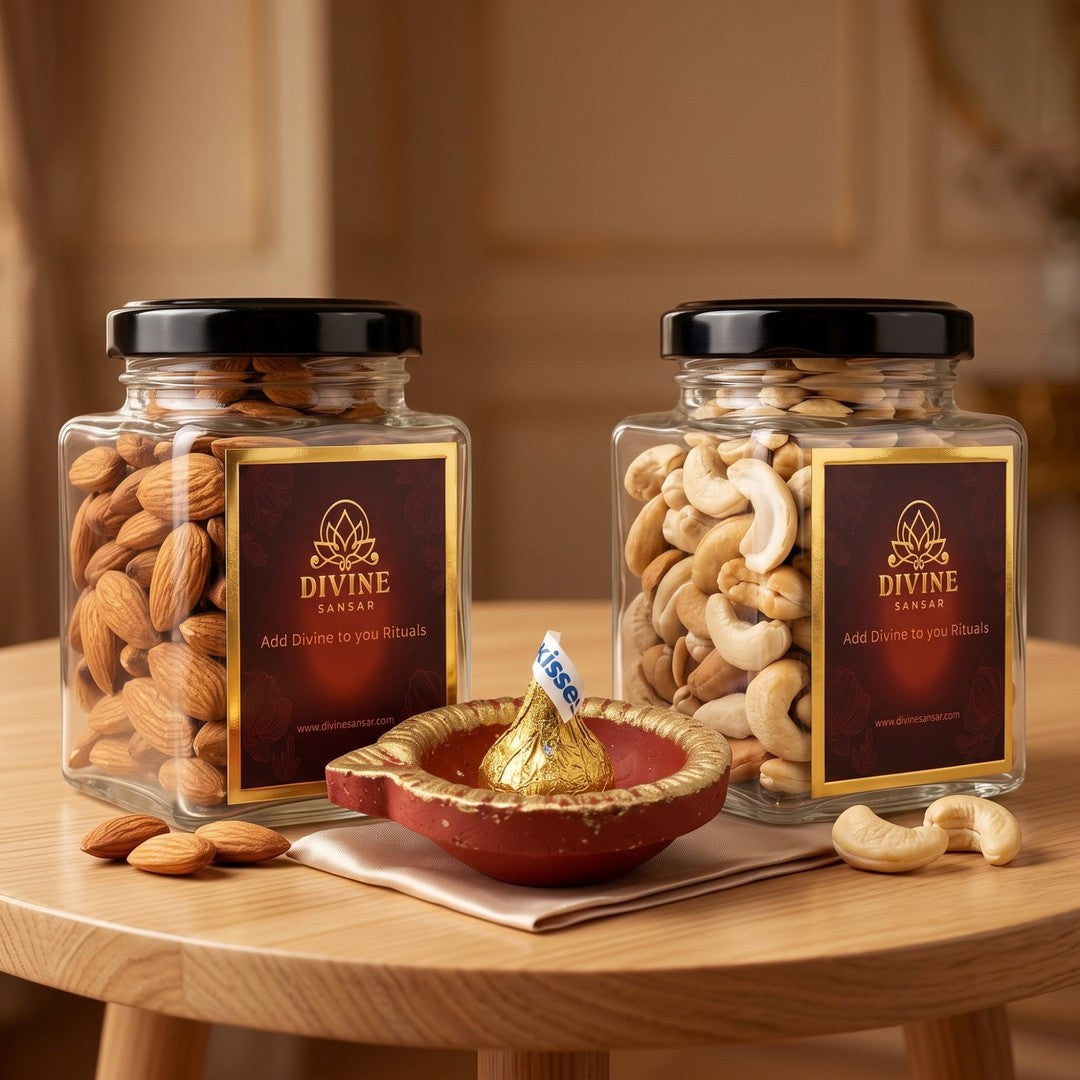 Almond and cashew gift jars with red and gold clay diya for Diwali return gifts - Divine Sansar