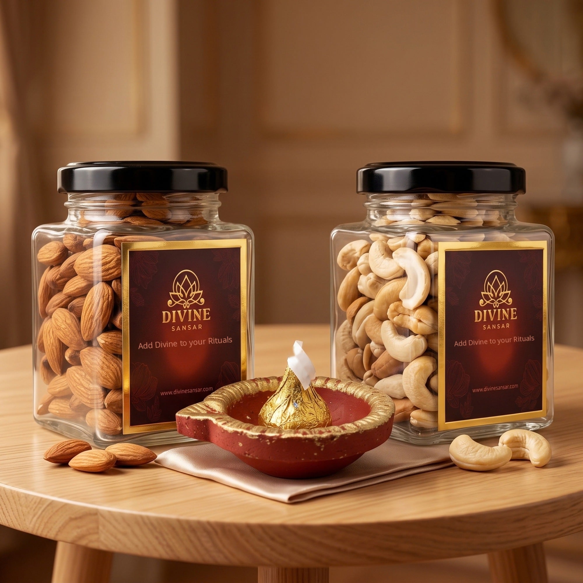 Almond and cashew gift jars with red and gold clay diya for Diwali return gifts - Divine Sansar