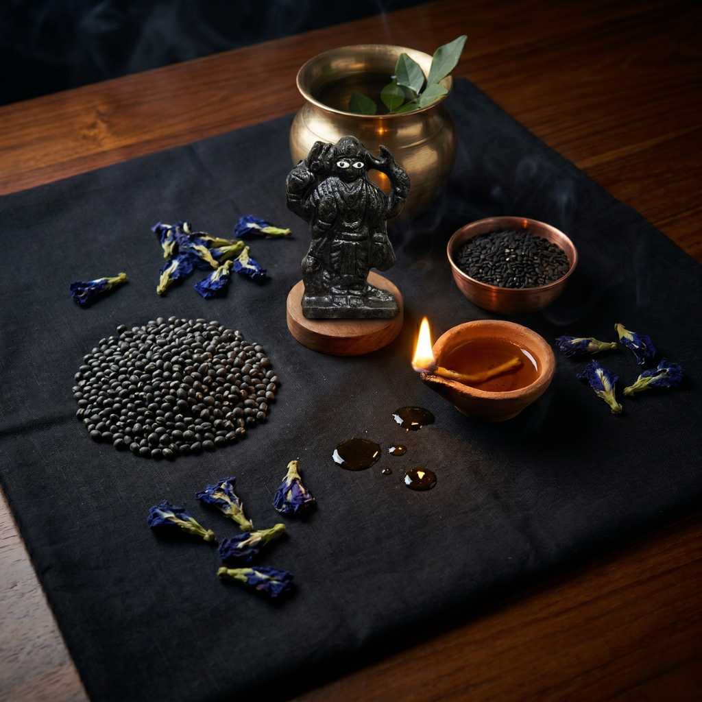 Divine Sansar-Ceremonial setup with a Shani dev statue, bowls of seeds, and a lit candle on a dark cloth.