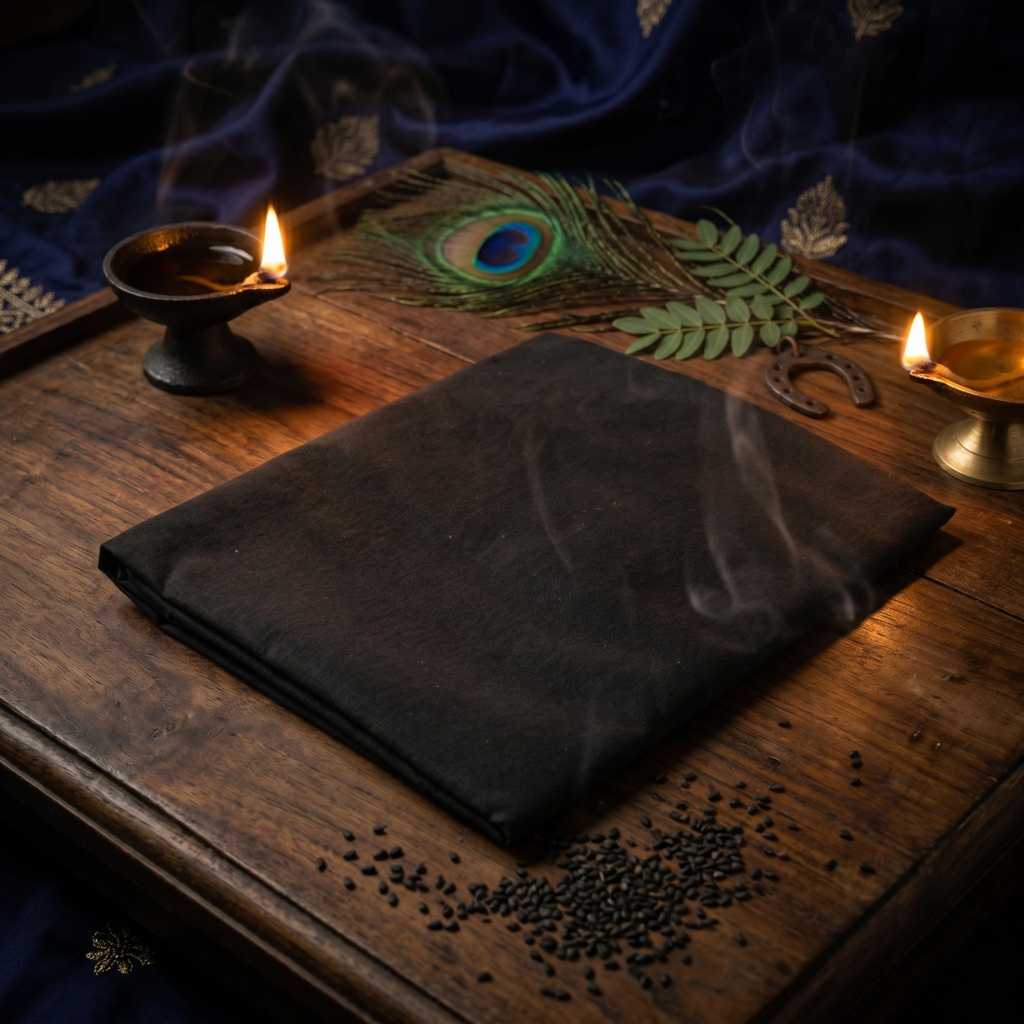Divine Sansar-Black cloth on a wooden table with candles, peacock feather, and other decorative items.