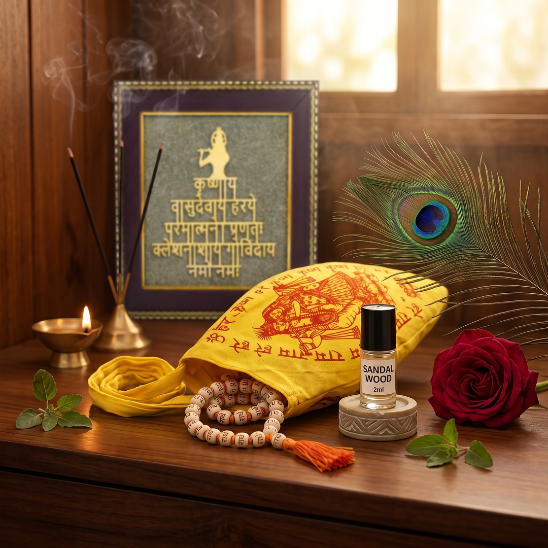Krishna Jaap Set in a home mandir with Radhe Tulsi mala, gomukhi bag, sandal attar and mor pankh - Divine Sansar UAE