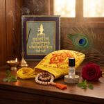 Krishna Jaap Set in a home mandir with Radhe Tulsi mala, gomukhi bag, sandal attar and mor pankh - Divine Sansar UAE