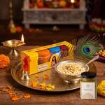 Midnight Thali Set arranged for puja with brass thali, morpankh ghanti, chandan kesar and tika combo - Divine Sansar UAE