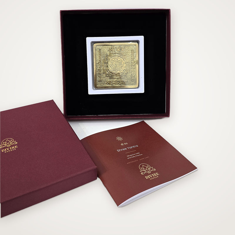 Ashtadhatu Shree Yantra unboxed with lid and booklet, ready to gift in the UAE - Divine Sansar