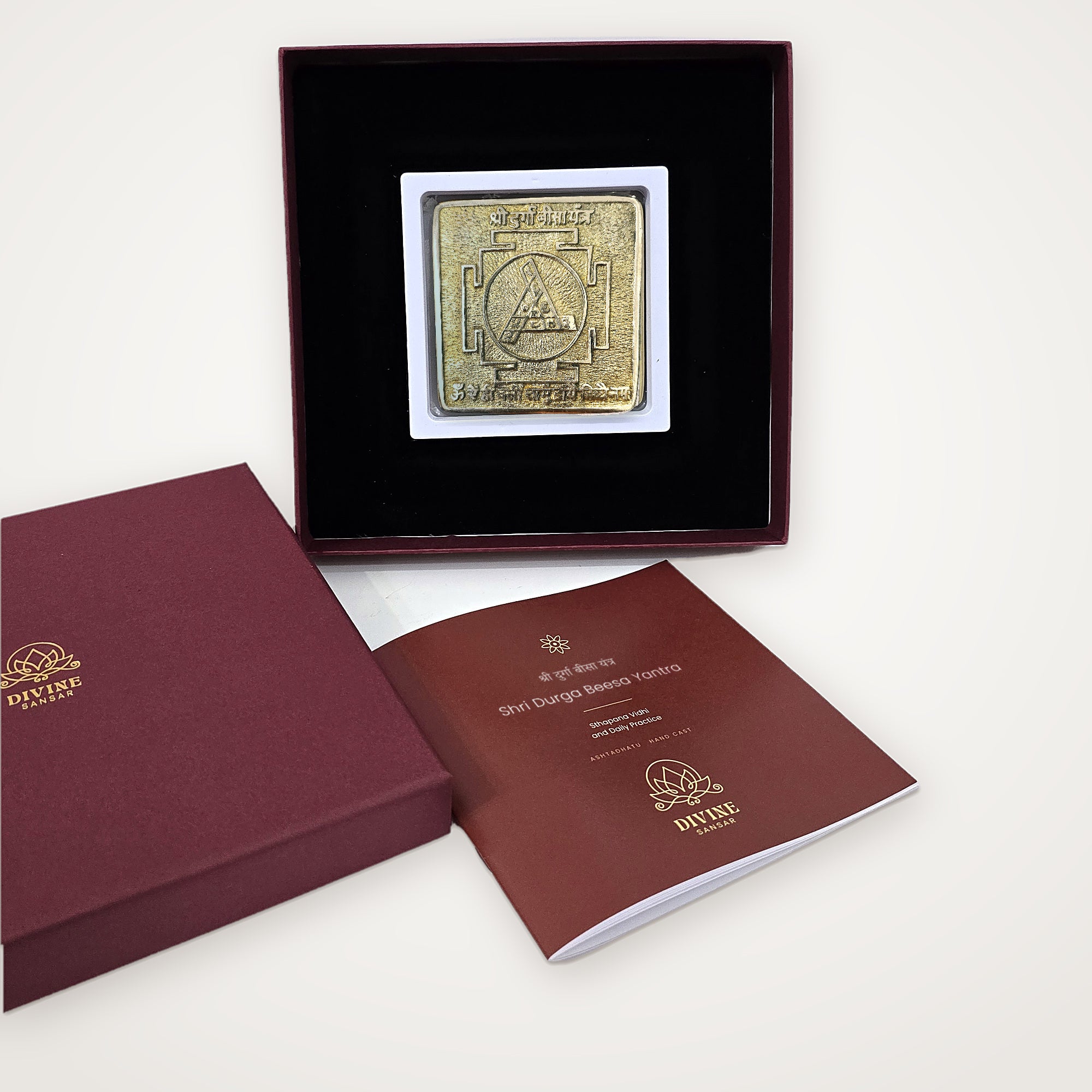 Ashtadhatu Shri Durga Beesa Yantra unboxed with lid and booklet, ready to gift in the UAE - Divine Sansar