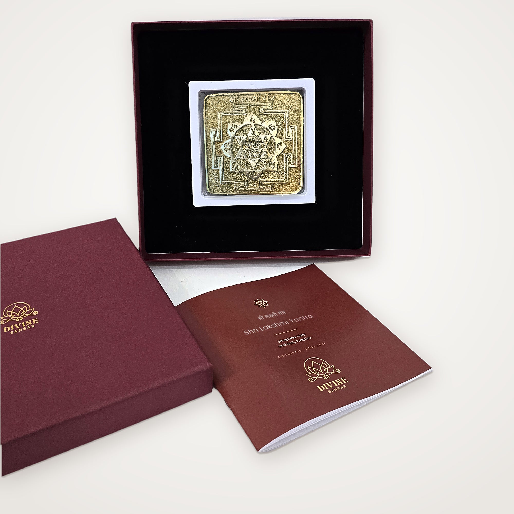 Ashtadhatu Shri Lakshmi Yantra unboxed with lid and booklet, ready to gift in the UAE - Divine Sansar