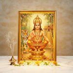 Ayyappa A4 wooden photo frame in a home mandir with brass lamp and jasmine - Divine Sansar