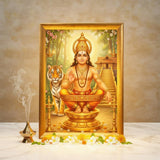 Ayyappa A4 wooden photo frame in a home mandir with brass lamp and jasmine - Divine Sansar