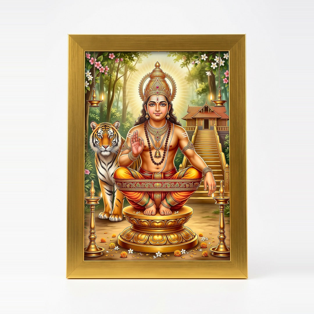 Ayyappa photo frame A4 21 x 30 cm in a gold acrylic frame with clear shatterproof front - Divine Sansar