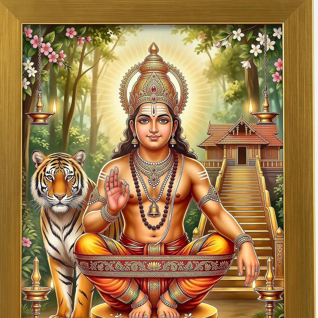Ayyappa photo frame close-up of the artwork and brushed gold acrylic frame - Divine Sansar