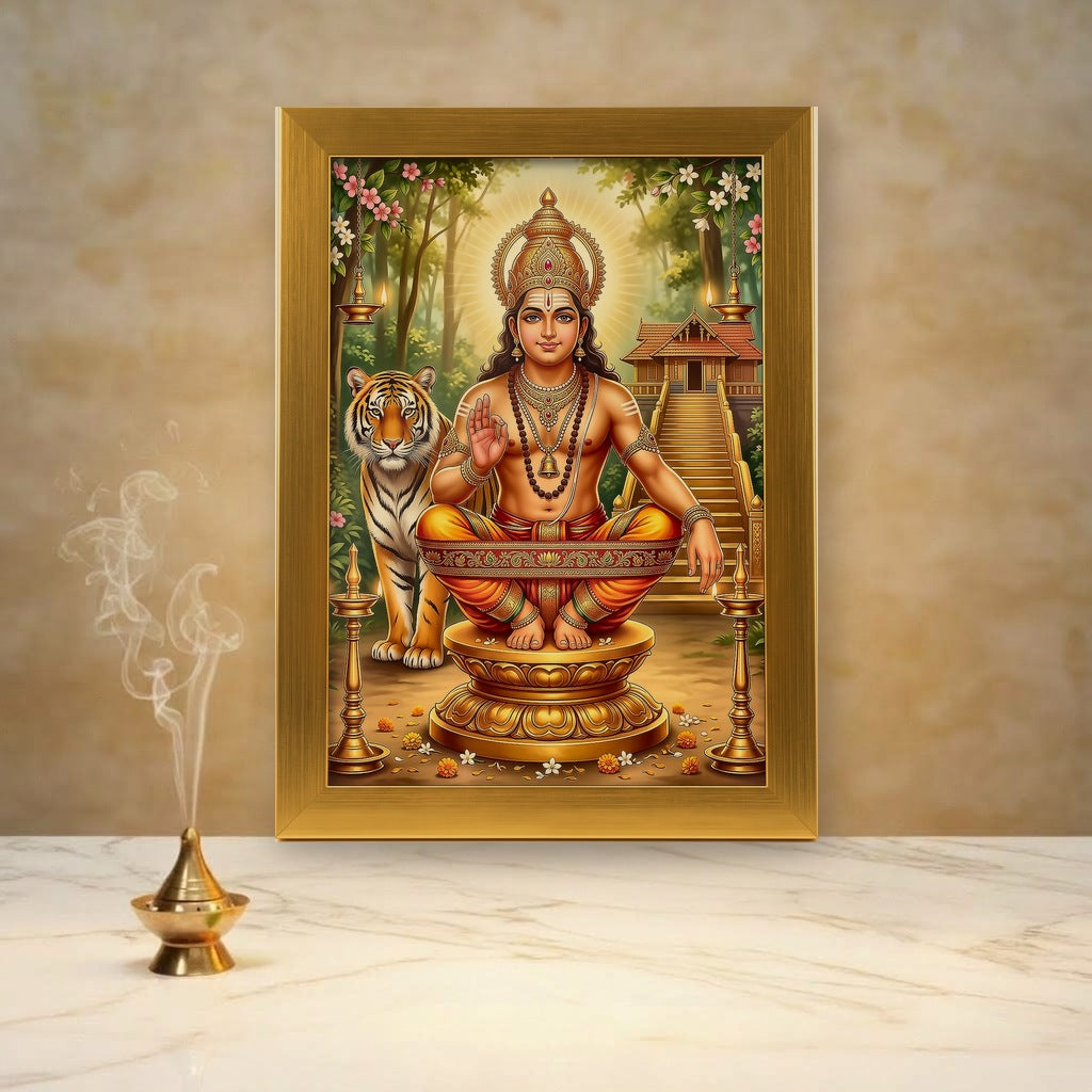 Ayyappa gold acrylic photo frame on a home mandir pooja setup with diyas and flowers - Divine Sansar