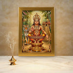 Ayyappa gold acrylic photo frame on a home mandir pooja setup with diyas and flowers - Divine Sansar