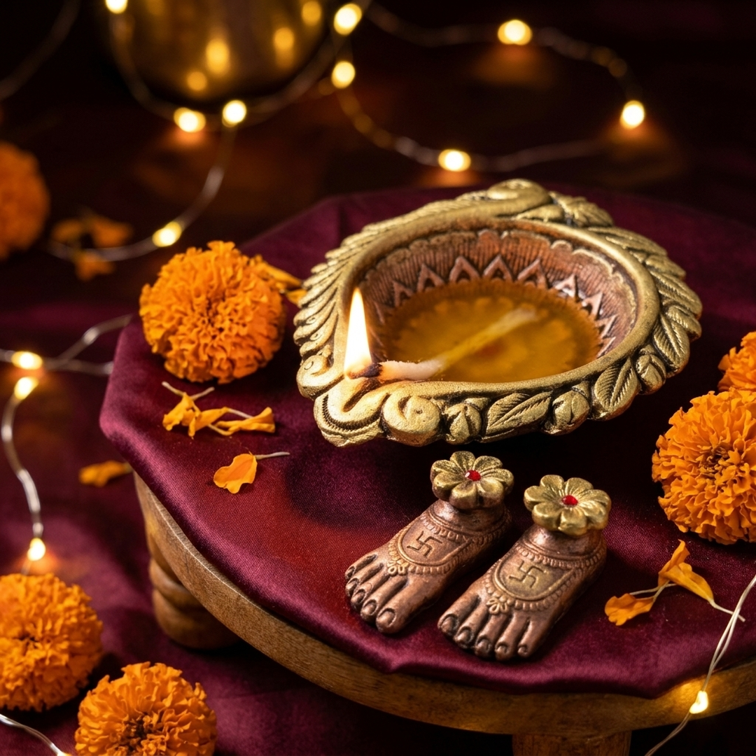 Big clay diya lit with ghee beside a Laxmi Charan pair on a maroon chowki for Diwali Lakshmi Puja - Divine Sansar