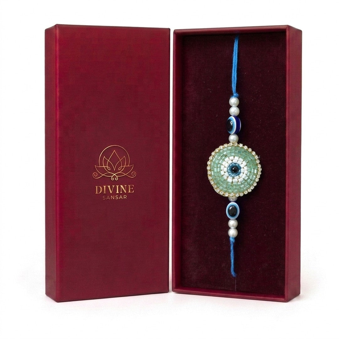 Green beaded evil eye nazar rakhi in maroon gift box - Divine Sansar