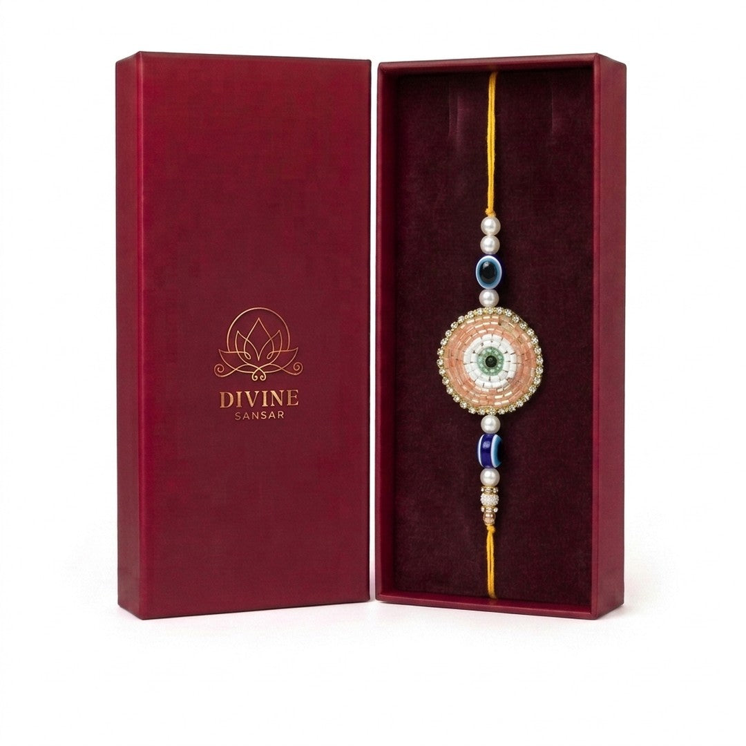 Peach beaded evil eye nazar rakhi in maroon gift box - Divine Sansar