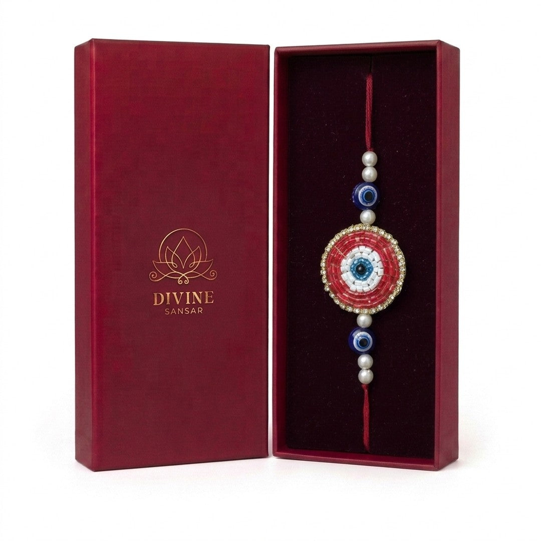 Red beaded evil eye nazar rakhi in maroon gift box - Divine Sansar