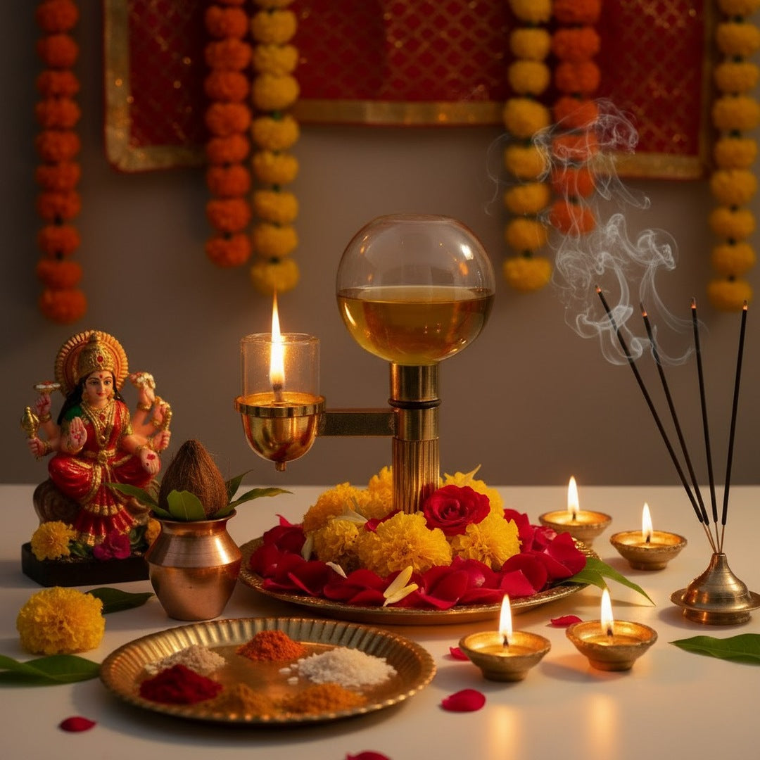Brass akhand diya glass globe lit in a Navratri home mandir - Divine Sansar