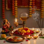 Brass akhand diya glass globe lit in a Navratri home mandir - Divine Sansar