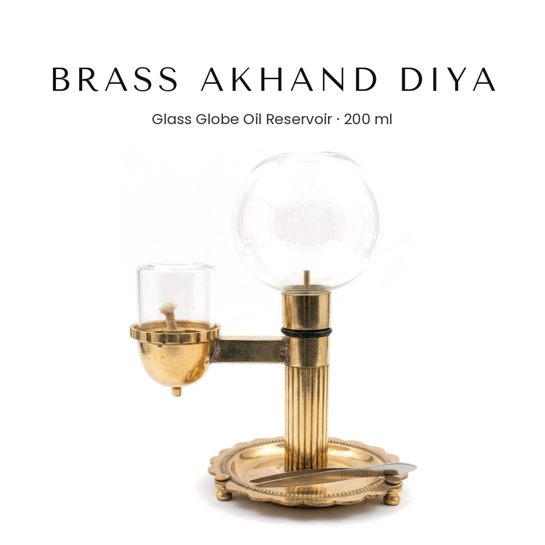 Brass akhand diya with 200ml glass globe reservoir and side wick cup - Divine Sansar