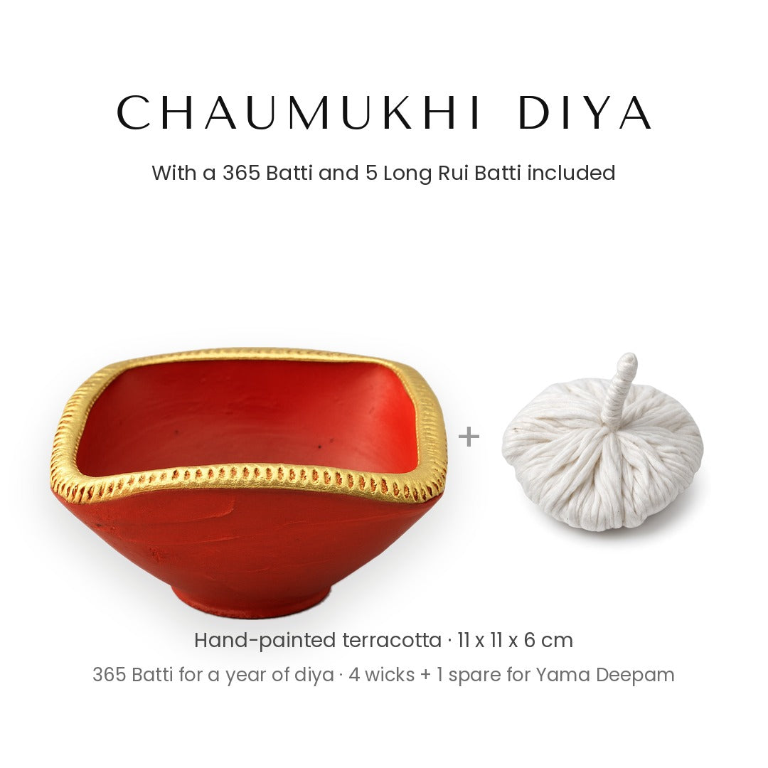 Chaumukhi diya with 365 batti and five rui batti included, what is in the box - Divine Sansar